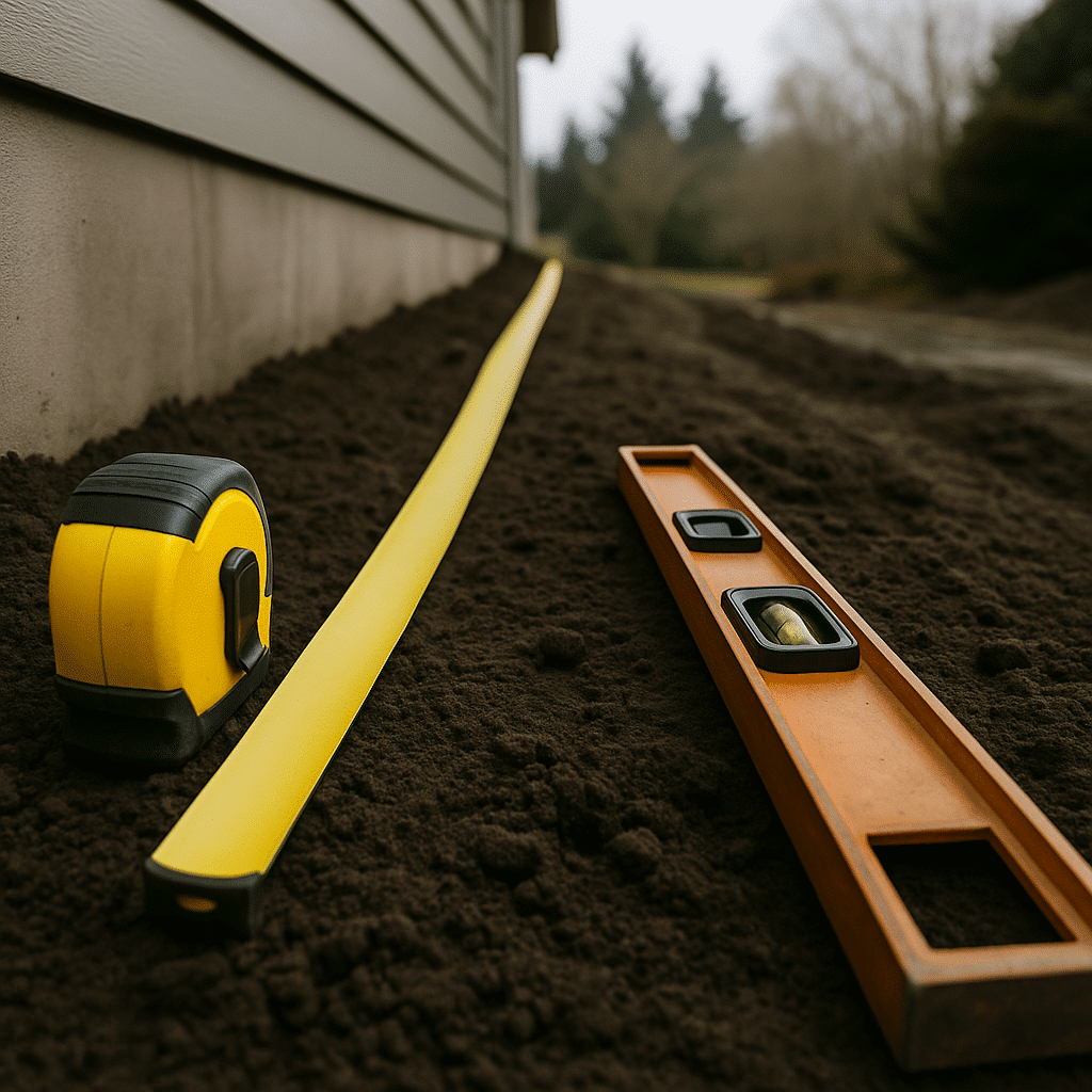 Visualises the technical pre-construction step of confirming drainage grade and foundation clearance before material sel