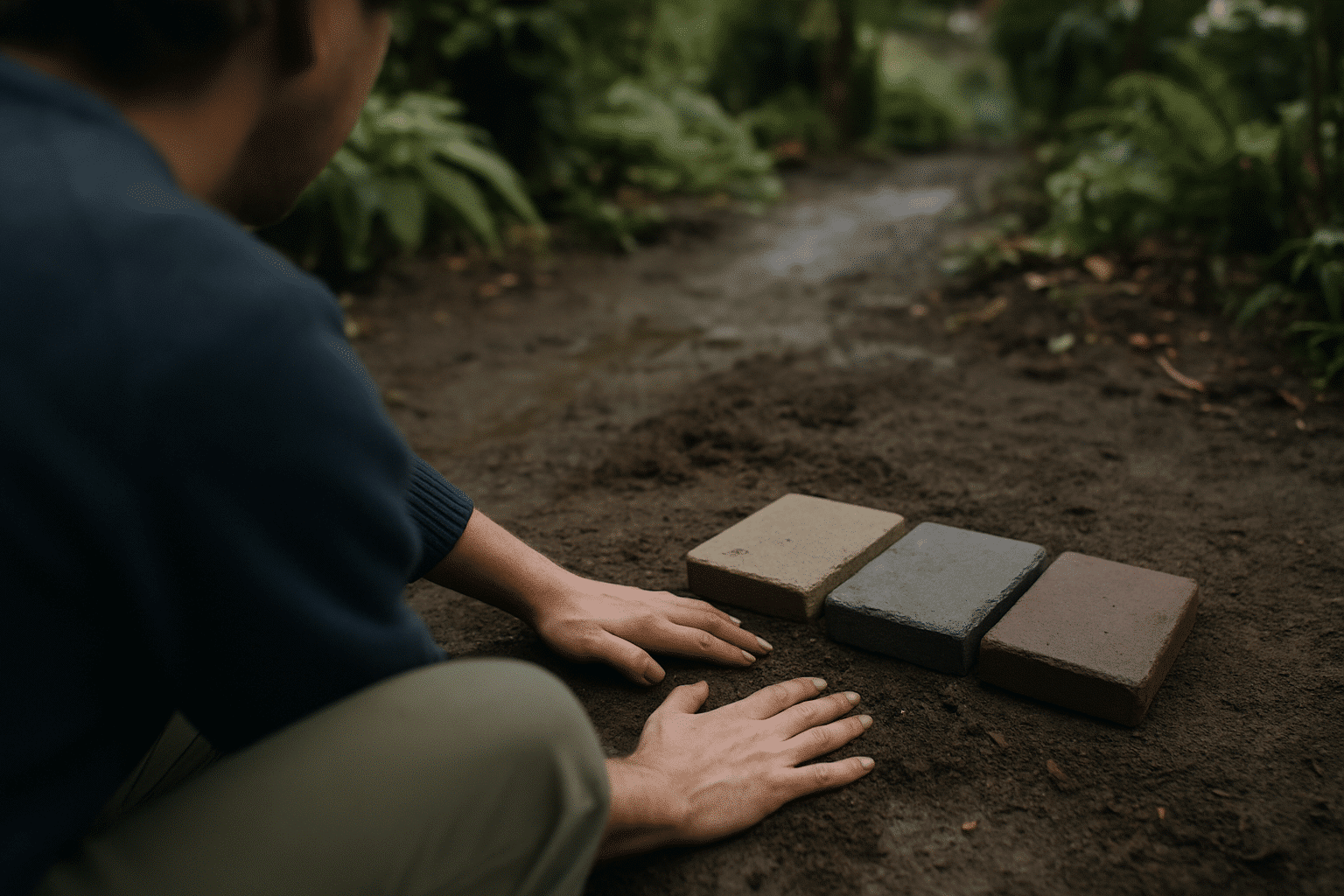 Shows the hands-on site evaluation and material selection process described in this section without revealing any identi