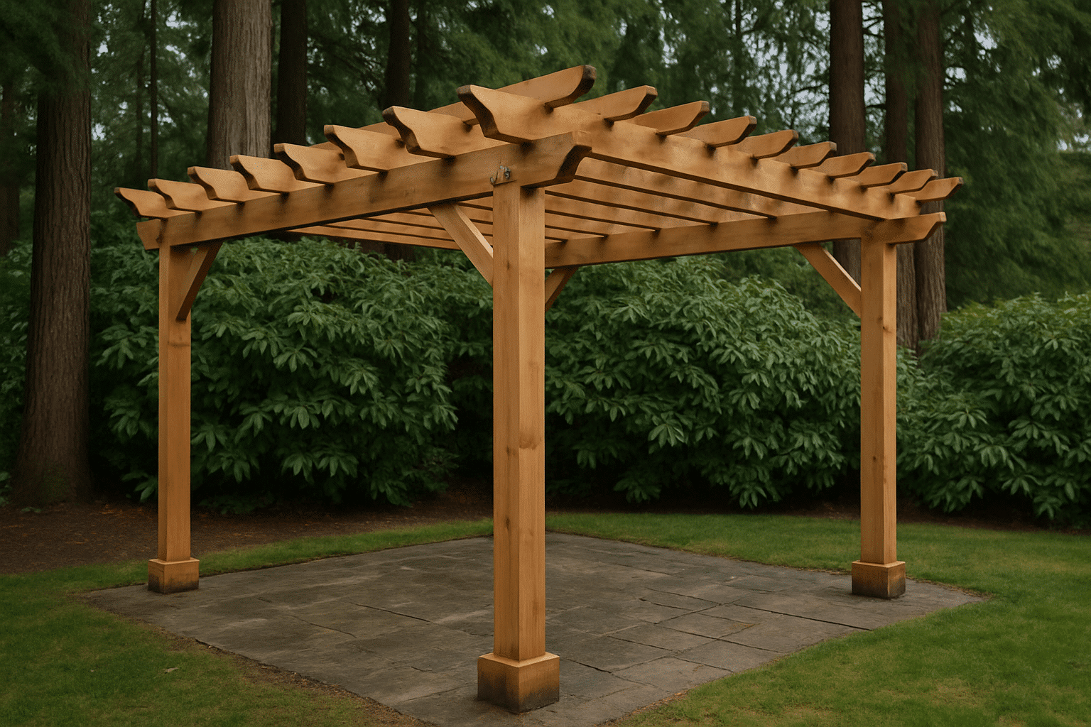 The 'since 2015' framing calls for a pergola that looks lived-in and well-integrated into a recognizable Pacific Northwe