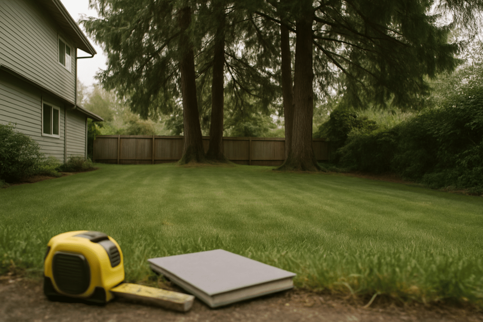 The section is about pre-design site walking, so an unbuilt yard with subtle assessment props captures that discovery an