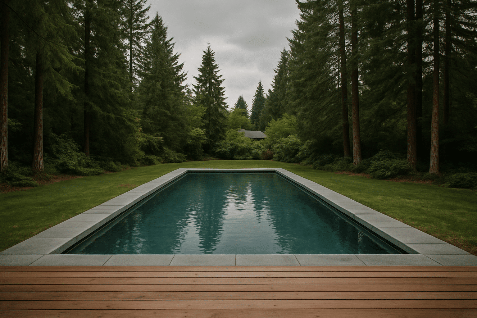 A hero-scale establishing shot of a finished in-ground pool in a recognizably Pacific Northwest setting anchors the page