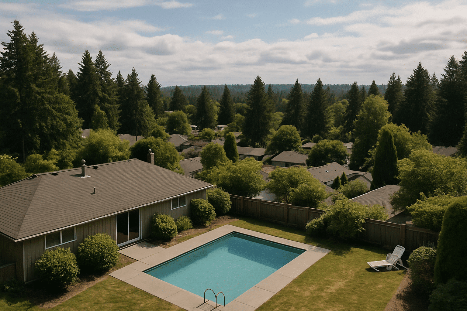 An aerial view of a pool within a recognizable Seattle-area suburban neighborhood conveys broad geographic service cover