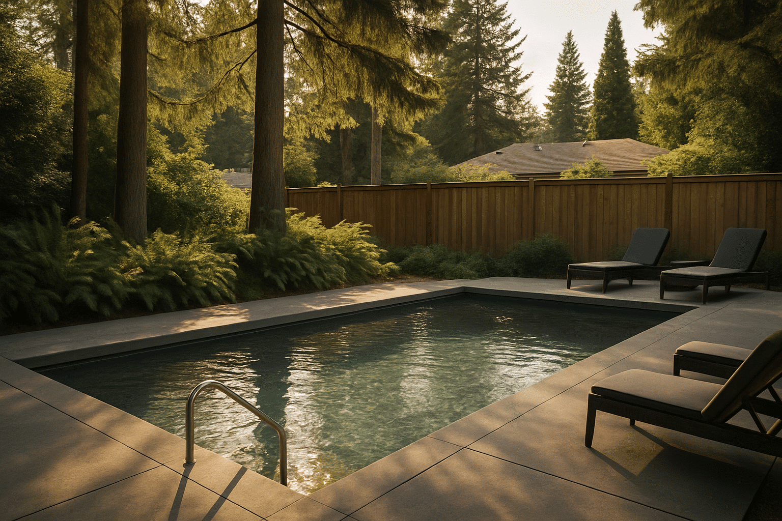 Shows the reward of a finished pool in Seattle's climate  -  a sunny day that validates the investment and realistic exp