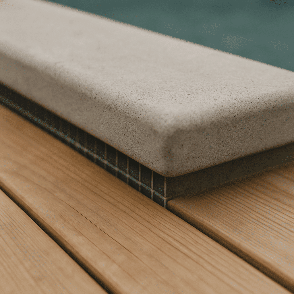Communicates construction standards and craftsmanship through a detail shot of precise finish work at the pool's edge.