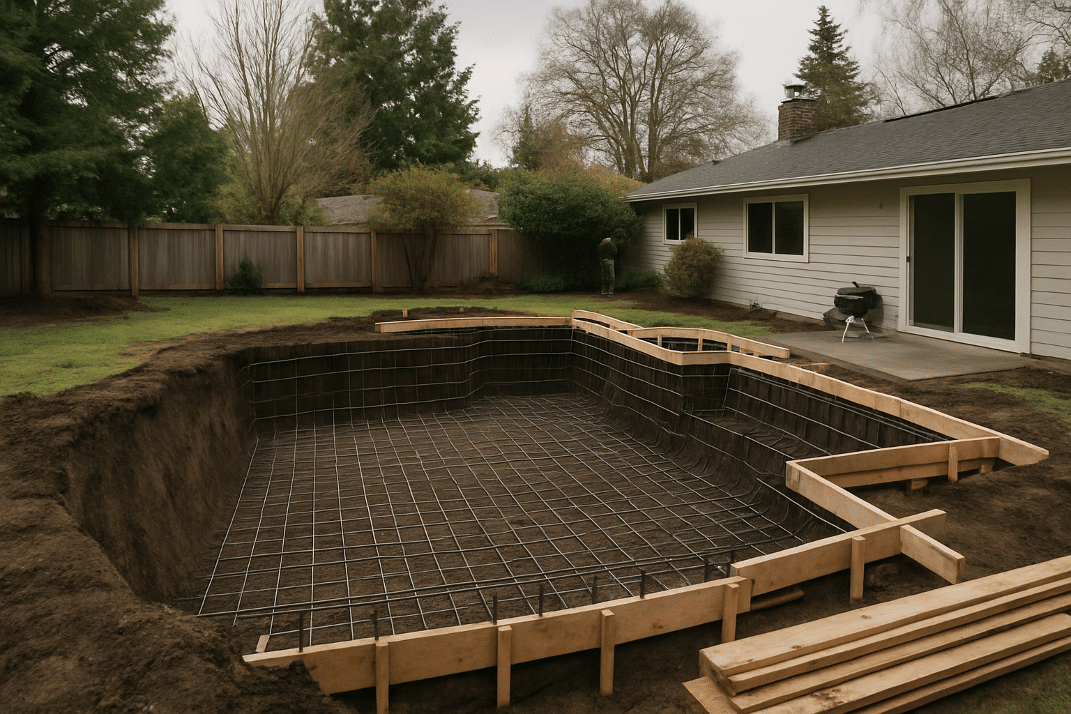 Illustrates the mid-project construction sequence, showing organized progress from excavation toward shell installation.