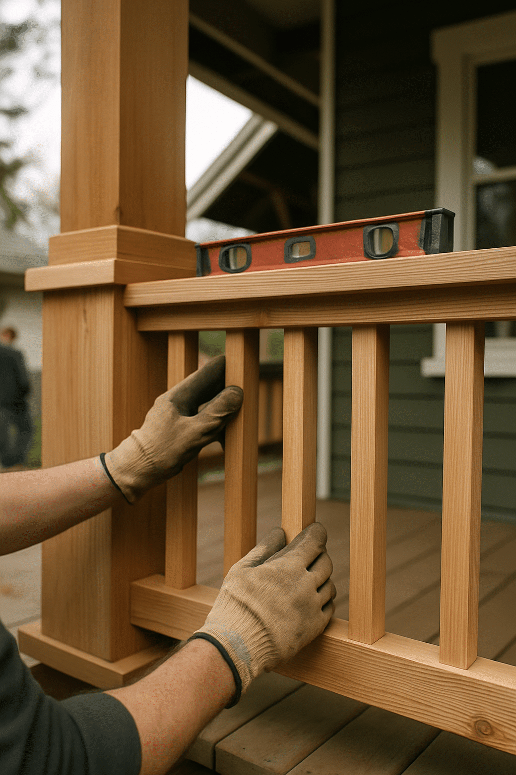 The section focuses on IRC railing compliance and grade confirmation before construction begins, making a detail shot of