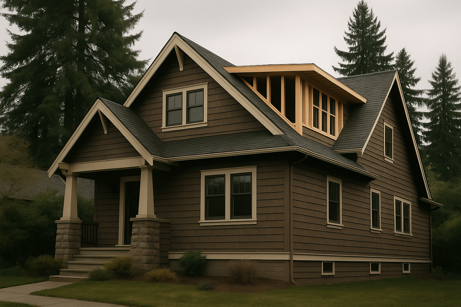 A prominent dormer on a recognizable Seattle-area home anchors the hero with the page's core subject  -  structural roof