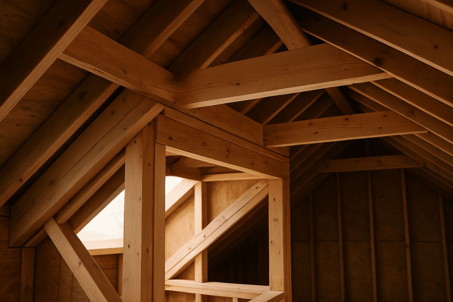 Exposed structural rafter and framing work inside an attic distinguishes roof remodeling as a structural intervention, n