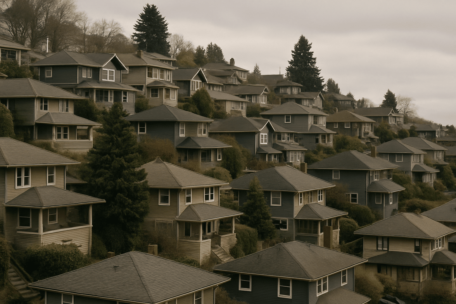 A hillside Seattle neighborhood panorama illustrates why constrained roofline headroom is a real spatial problem for upp