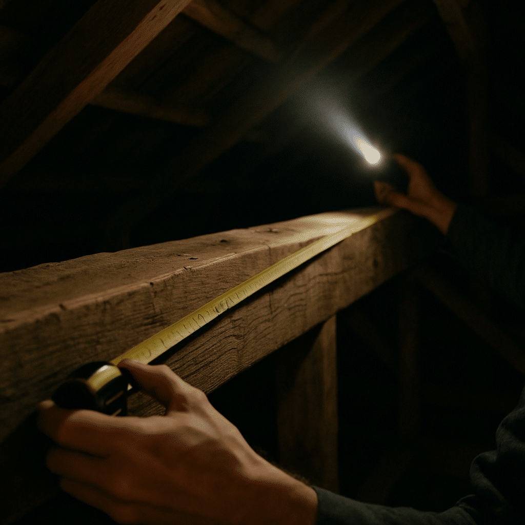 Hands-on measurement in an attic communicates the on-site framing assessment process before any drawings are commissione