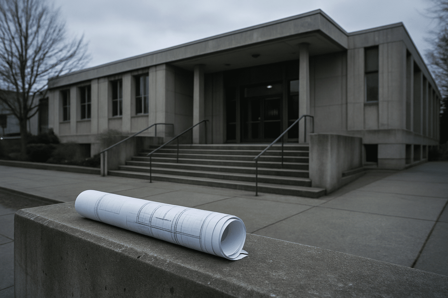 A neutral civic building exterior with permit documents alludes to the Seattle DCI permitting requirement without depict
