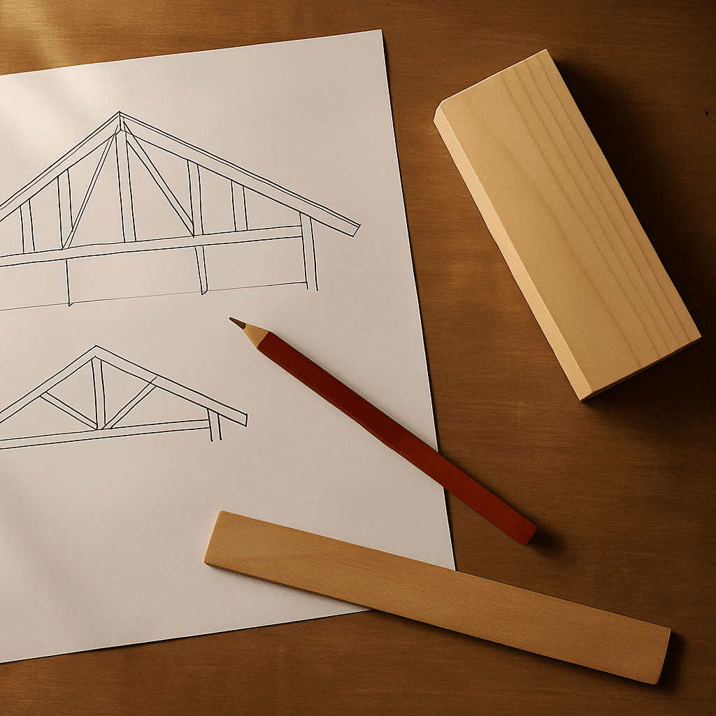 A flat-lay of structural drawings and tools conveys the technical evaluation and specification process for roof modifica