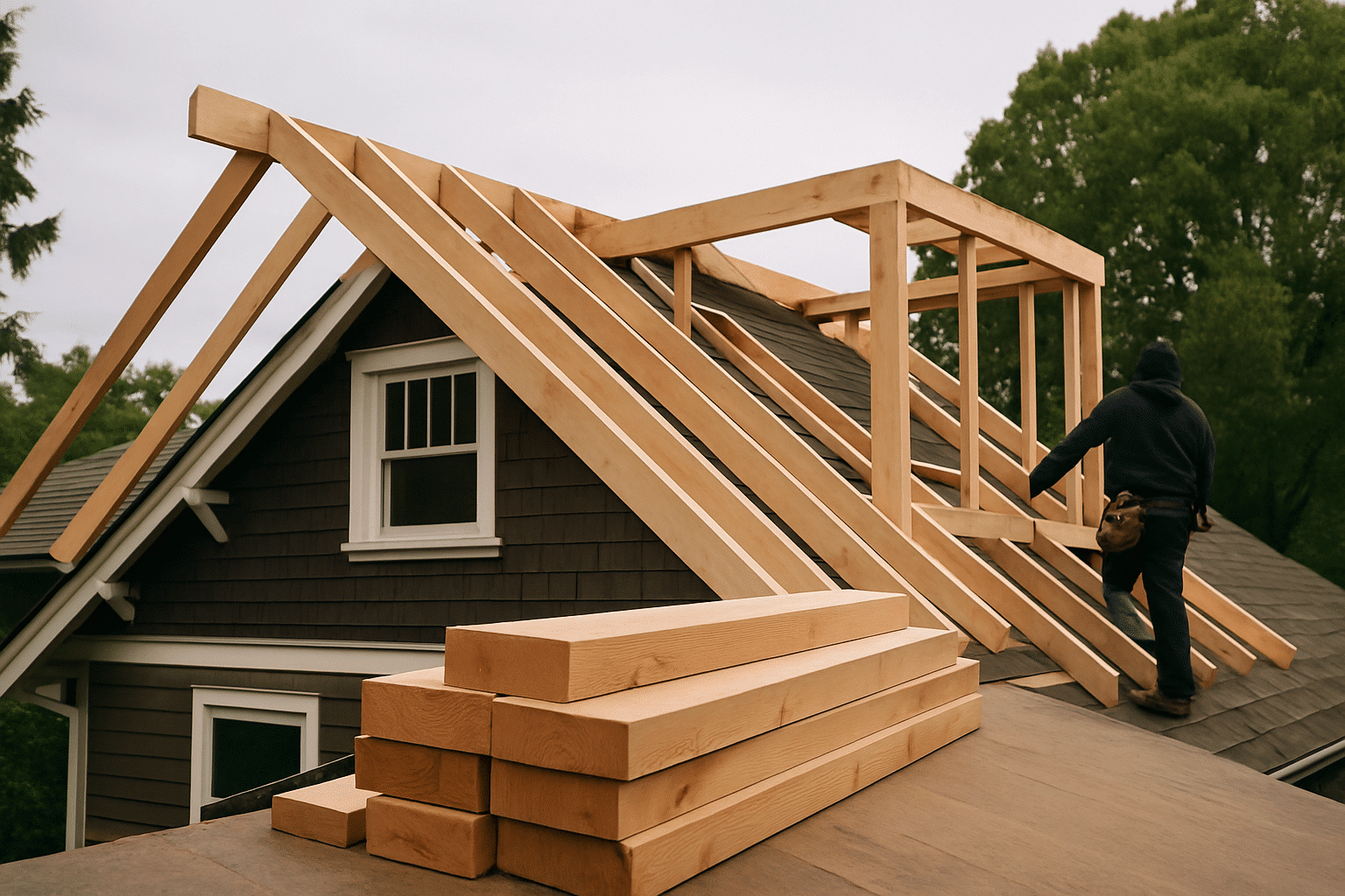 Active framing work on a residential roof illustrates the construction phase of the structural roof remodeling process.