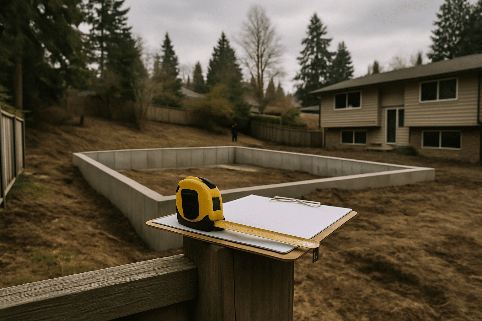 Tools of site measurement in the foreground of an actual residential lot visually anchors the section about what a site 
