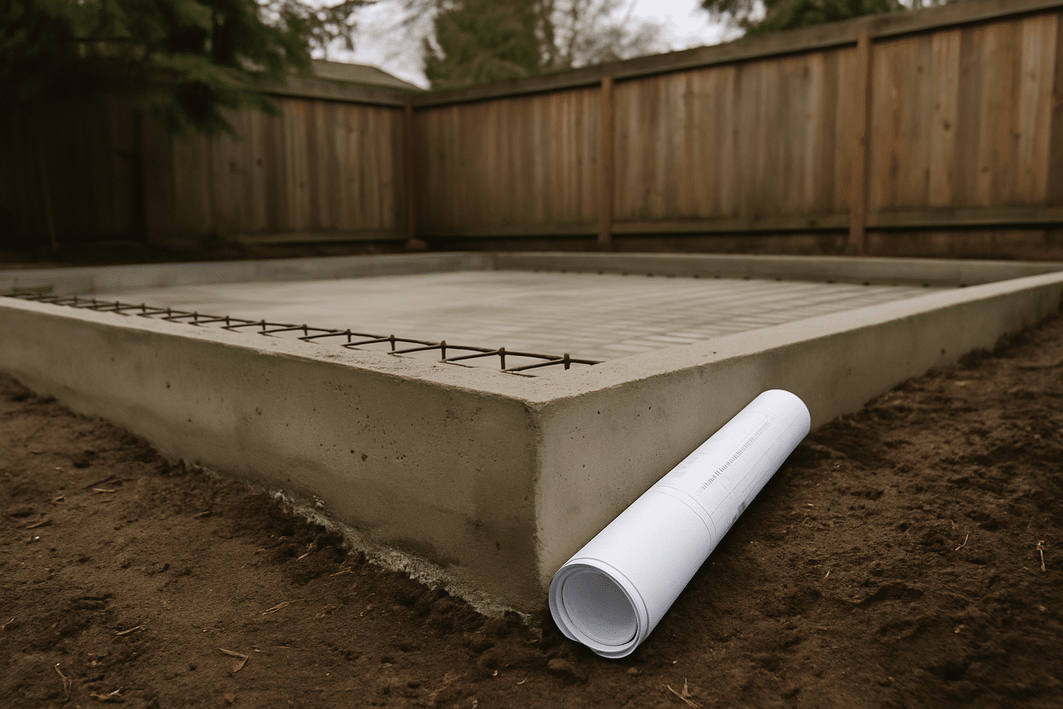 A foundation under construction with plans present visually communicates structural and permitting work being managed on