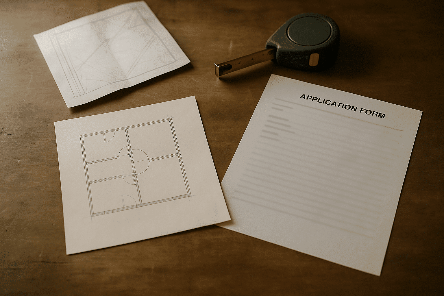 A flat-lay of planning documents and tools illustrates the step-by-step process from site measurement to permitted const