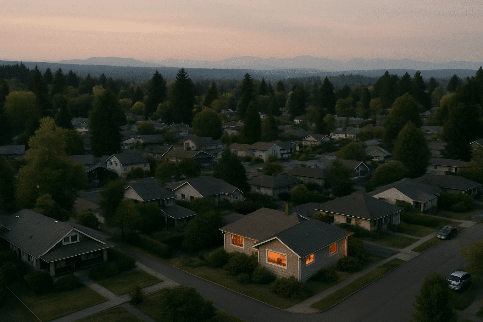 A wide aerial of a recognisable Seattle-area neighbourhood communicates geographic reach across the city and King County