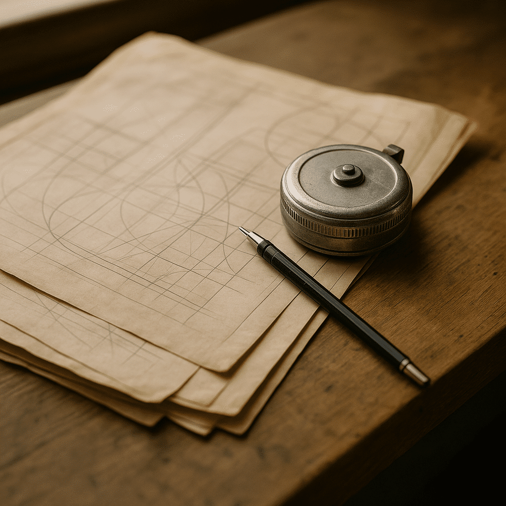 Plans and tools on a workbench evoke a hands-on, craft-driven origin story appropriate for a remodeling business founded