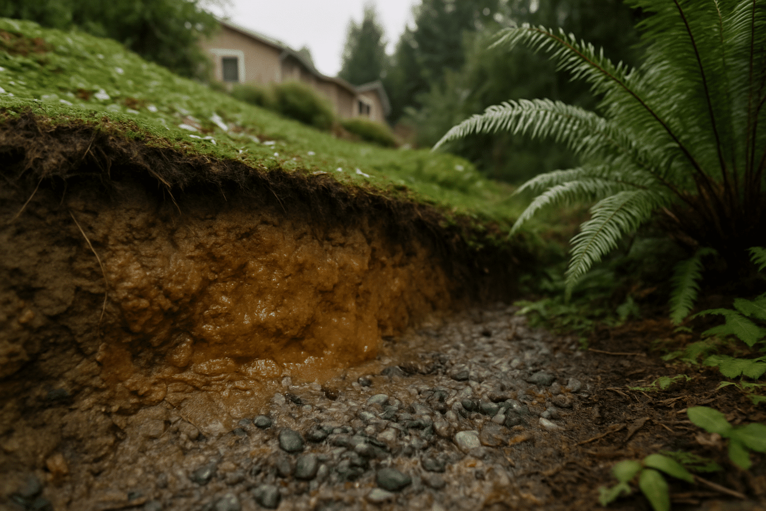 Illustrates what homeowners encounter on sloped lots  -  soil conditions and terrain realities  -  before any quoting or