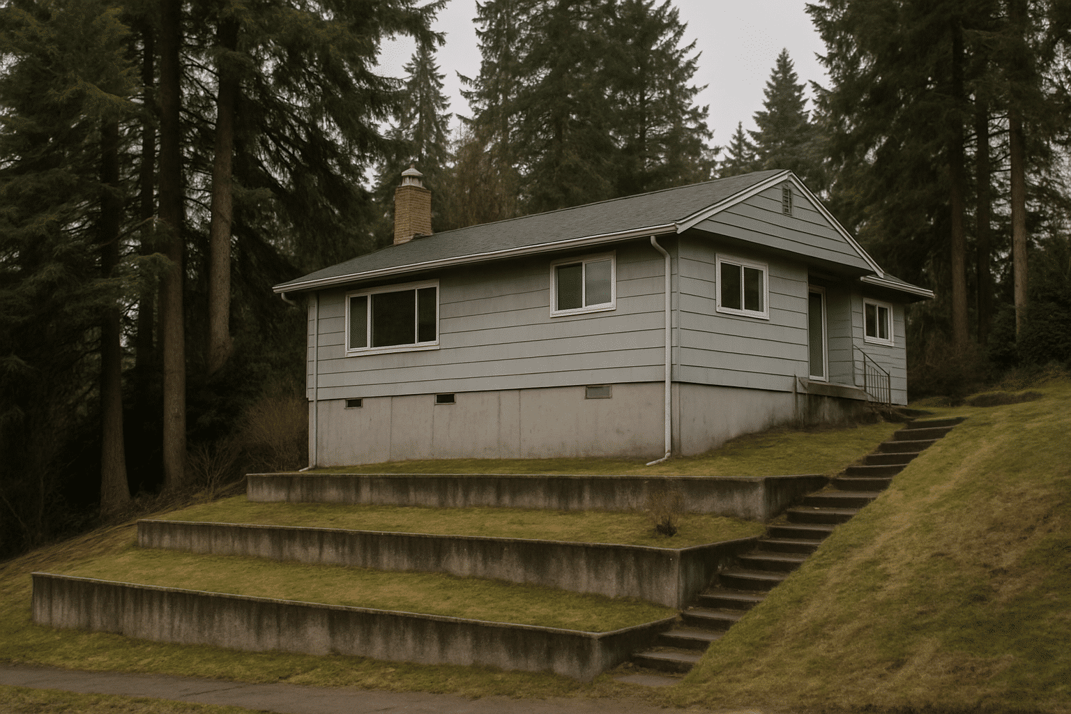 Shows the physical reality of a hillside lot that visually communicates why such properties face additional regulatory s