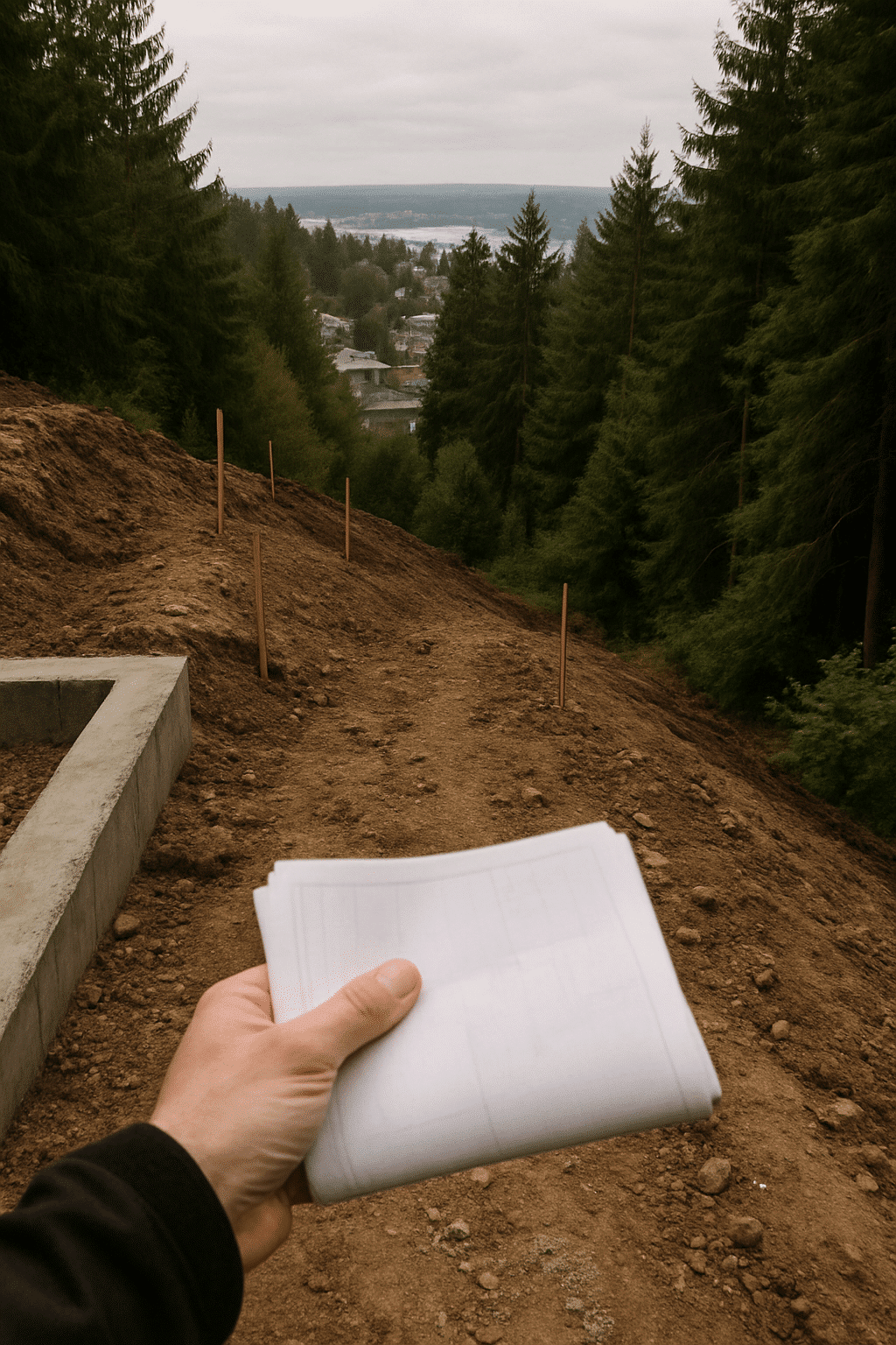 The perspective of someone actively inspecting a site before scoping captures the pre-design assessment moment described