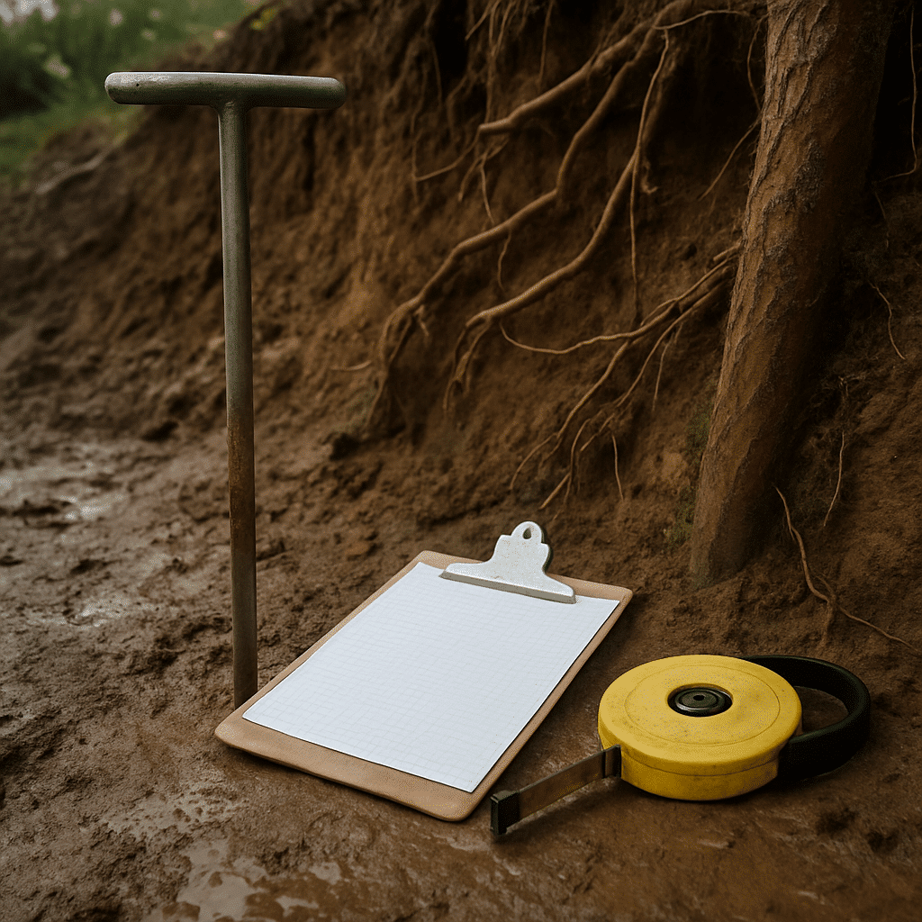 Illustrates professional geotechnical assessment on a sloped lot before design begins, directly matching the section's m