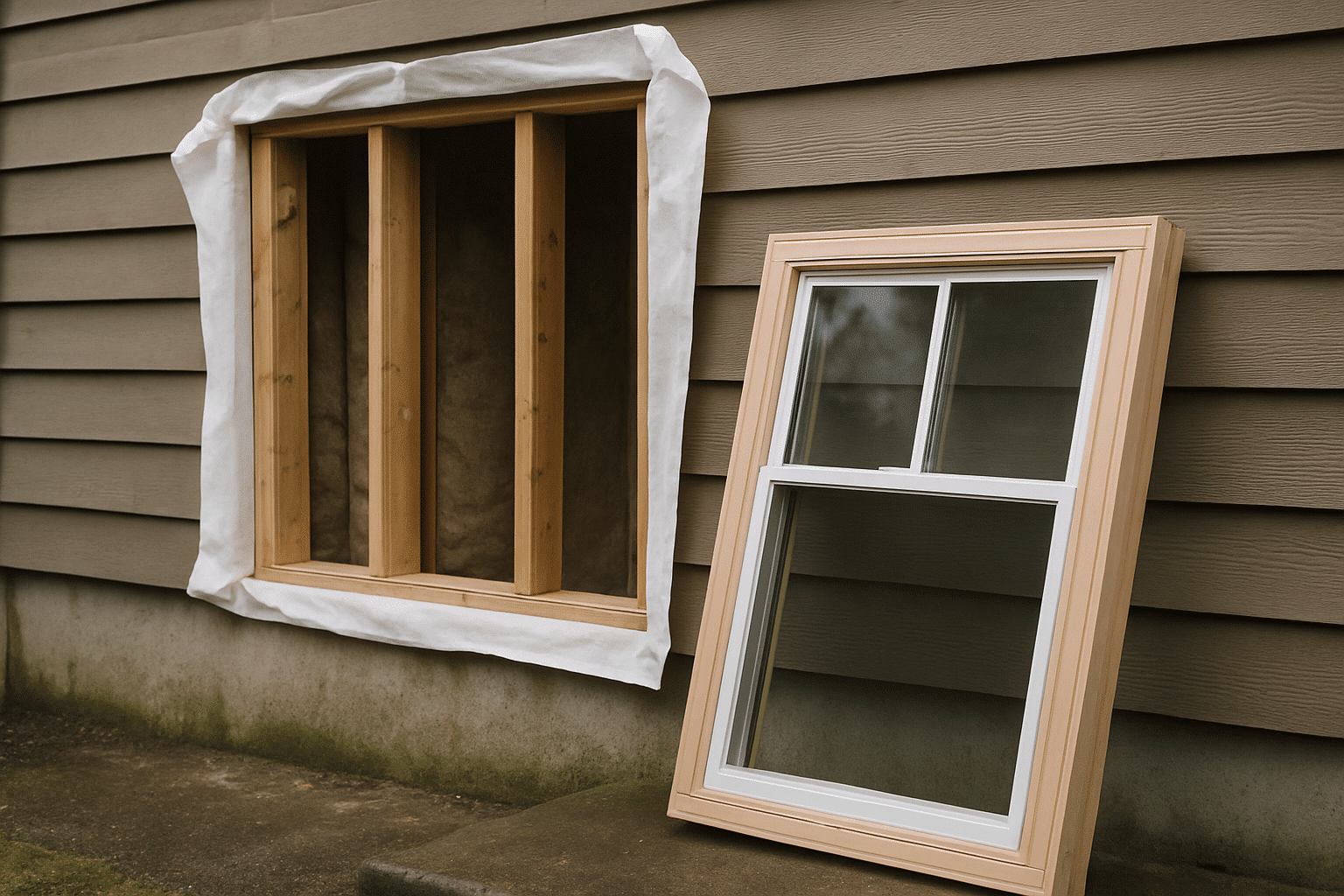 Shows the real scope of a window installation job in Seattle  -  rough openings, framing, housewrap  -  grounding the ex