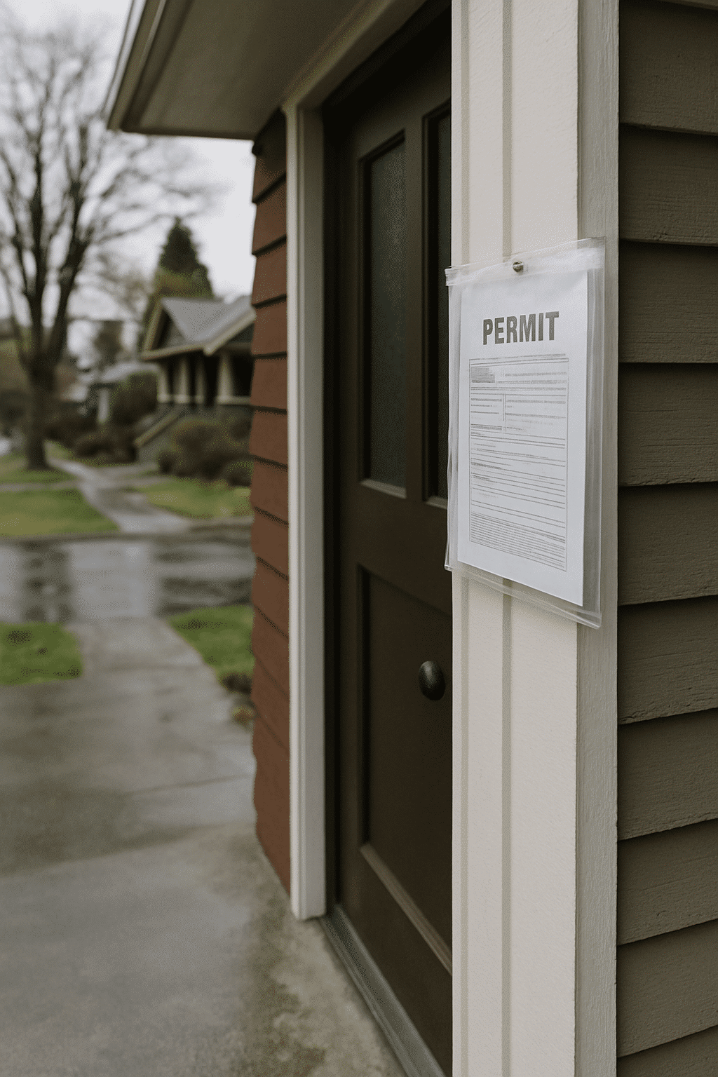 Contextualises the permitting section by showing a familiar Seattle permit-notice scene, signalling official process wit
